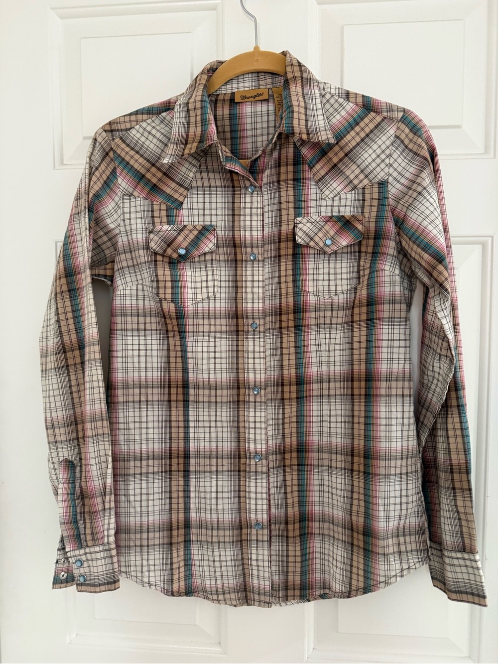 Wrangler Western lightweight pearl snap Plaid Shirt brown Small